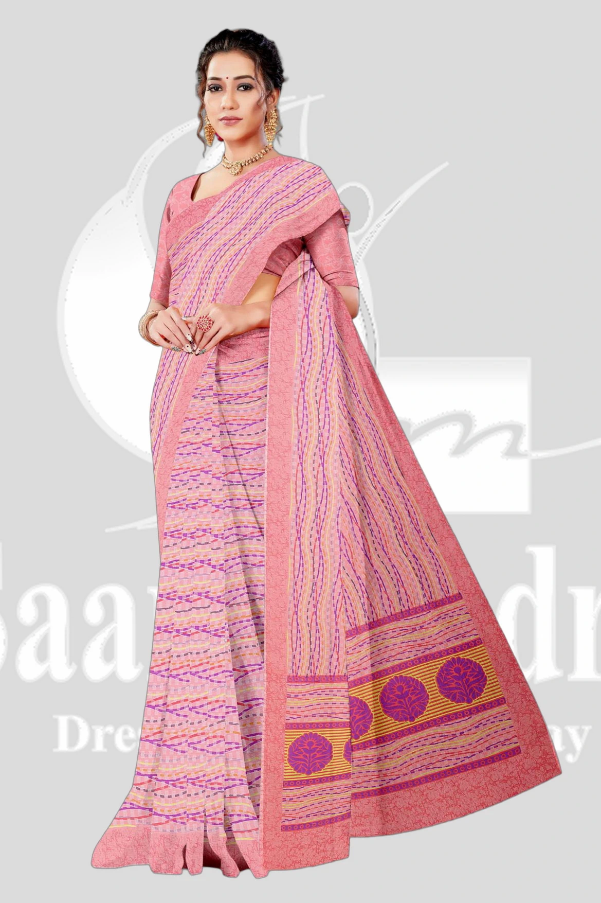 Reniyal Printed Saree with Unstitched Blouse &ndash; ALA - Pink